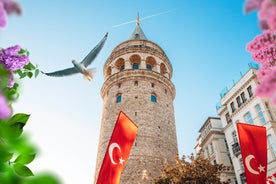 Touristic sightseeing ships in Golden Horn bay of Istanbul and mosque with Sultanahmet district against blue sky and clouds. Istanbul, Turkey during sunny summer day.