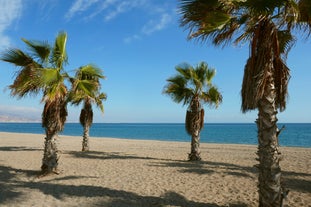 Photo of panoramic view of the Mediterranean beach of Roquetas de Mar in southern Spain.