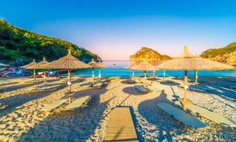 Photo of panoramic aerial view of Palaiokastritsa, Corfu, Greece.