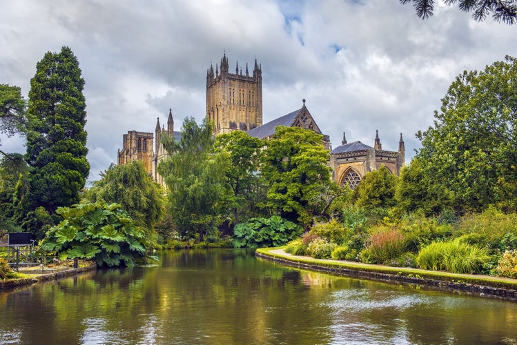 photo of view of  Wells Cathedral (Cathedral Church of Saint Andrew), Wells Abbey and park on sunny day, Somerset, England.