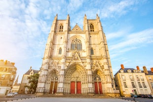 Photo of beautiful city Saint-Brieuc with ancient half-timbered houses, Brittany region, France.