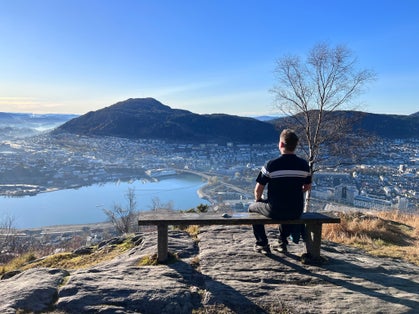 Hiking trial to mount Fløyen View over Bergen City Norway.