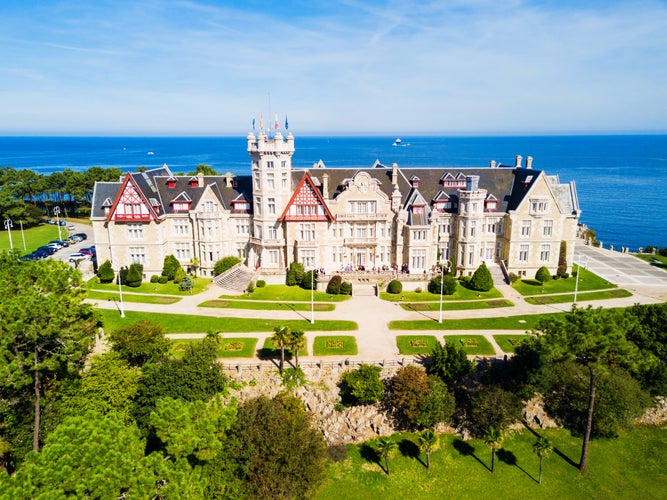 Photo of Palacio de la Magdalena aerial panoramic view, located on the Magdalena Peninsula in Santander city, Spain.