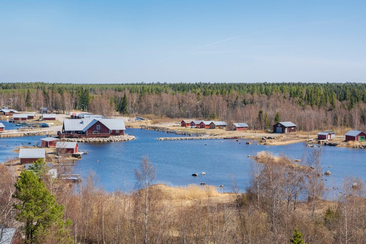 Photo of the Svedjehamn harbour from the Saltkaret Viewing Tower, Mustasaari, Korsholm, Finland.