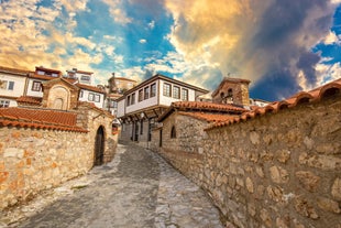 Panoramic view of Skopje town with Vodno hill in the background.