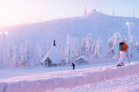 photo of beautiful view of Finnish landscape with trees in snow, ruka, karelia, lapland, hilly winter landscapes in famous winter sports area called Ruka.