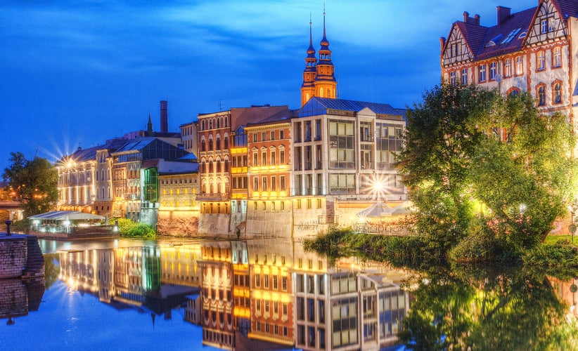 Photo of panoramic view of the city Opole at dusk, Poland.