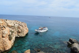 Photo of panoramic aerial view of Kalamis beach and bay in the city of Protaras, Cyprus.