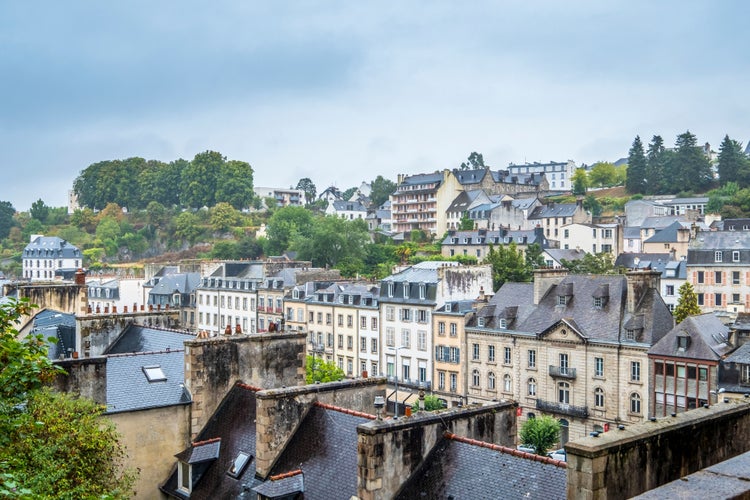 photo of view of Residential buildings of the town of Morlaix during a cloudy day, Morlaix, France.