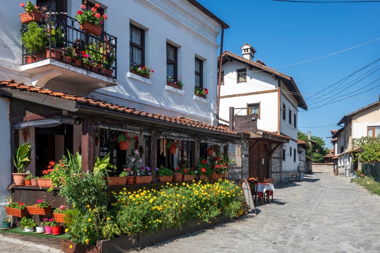 Photo of Typical street and buildings at The old town of Bansko, Blagoevgrad Region, Bulgaria.