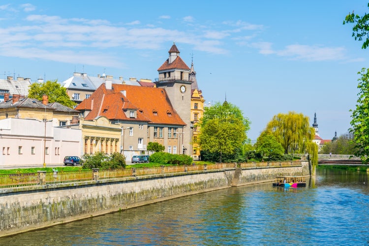 Riverside of the morava river with an evangelical church in the czech city Olomouc.