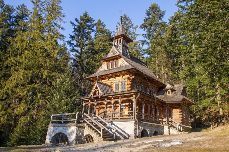 The Chapel of the Sacred Heart of Jesus near the city of Zakopane - the southern region of Poland. An example of historical sacral architecture made of wood.