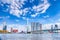 Photo of attractive view of Renowned Erasmusbrug (Swan Bridge) in Rotterdam in front of Port and Harbour.