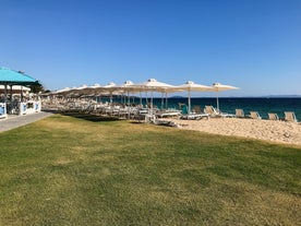 Photo of Ouranoupolis tower in Chalkidiki, Greece on a summer day.