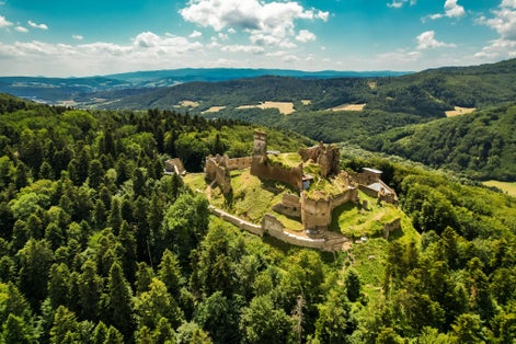 Photo of An aerial view of the medieval Zborov Castle, Slovakia.
