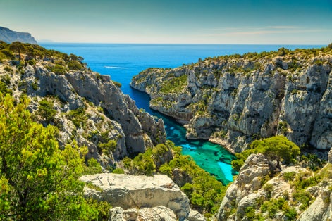 Photo of Breathtaking viewpoint on the cliffs, Calanques D'En Vau bay, Calanques National Park near Cassis fishing village, Provence, South France, Europe.