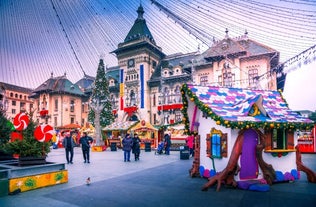 Antique building view in Old Town Bucharest city - capital of Romania and Dambrovita river. Bucharest, Romania, Europe.