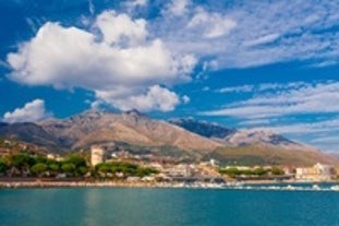 Photo of aerial view of beautiful coastal landscape with old town of Gaeta, Italy.