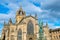 St. Giles' Cathedral aka High Kirk Church and Walter Scott Statue on High Street on Royal Mile in Old Town Edinburgh, Scotland, UK. Old town Edinburgh is a UNESCO World Heritage Site since 1995.