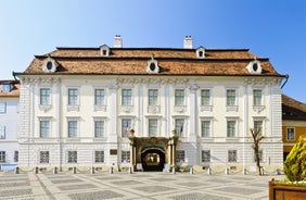 Photo of the Small Square piata mica, the second fortified square in the medieval Upper town of Sibiu city, Romania.