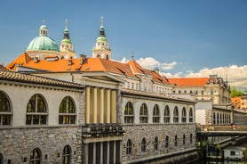 Capital of Slovenia, panoramic view with old town and castle.