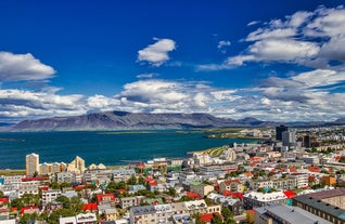 Photo of aerial view of the town of Seyðisfjörður and the port, Iceland.