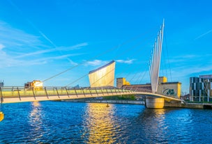 Photo of panoramic aerial view of Salford Quays, Manchester, UK.