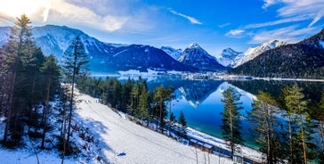 Photo of aerial view of beautiful landscape of Pertisau at the Achensee lake in Austria.