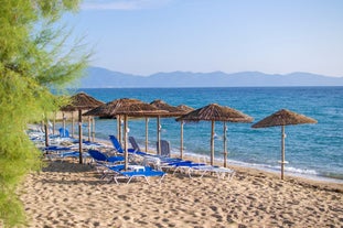 Photo of Ouranoupolis tower in Chalkidiki, Greece on a summer day.