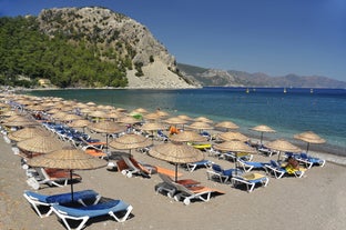 Photo of Marmaris marina with yachts aerial panoramic view in Turkey.