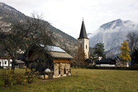 Photo of Tauplitz Alp ski areal view from lift at mountain's cabins, Austria.