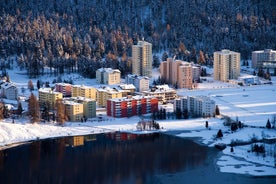 photo of St. Moritz, the famous resort region for winter sport, from the high hill in Switzerland.