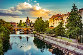 Photo of Metz city view of Petit Saulcy an Temple Neuf and Moselle River in Summer, France.