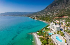 Photo of aerial view of Kalamata city and it's marina, Messenia, Peloponnese, Greece.