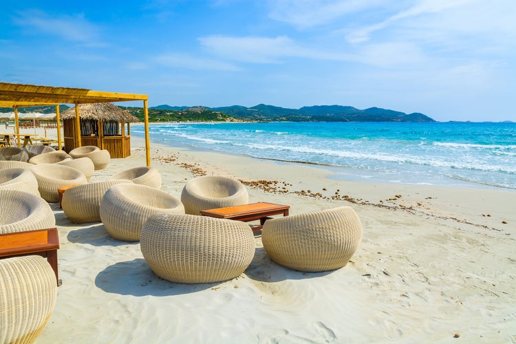 Beach bar on beautiful sandy Villasimius beach, Sardinia island, Italy