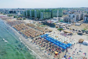 Photo of aerial view of beautiful beach in Mamaia, Romania.