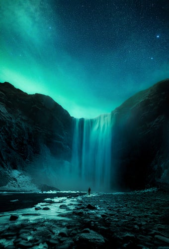 photo of view of kogafoss with northern lights, Höfn, Iceland.