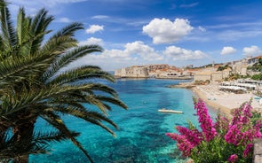 Photo of panoramic aerial view of the old town of Dubrovnik, Croatia seen from Bosanka viewpoint on the shores of the Adriatic Sea in the Mediterranean Sea.