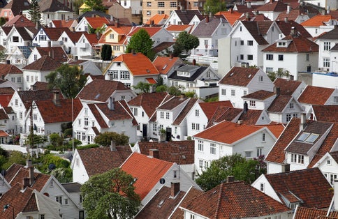 Photo of aerial view of Gamle Stavanger that is a historic area of the city of Stavanger in Rogaland, Norway.