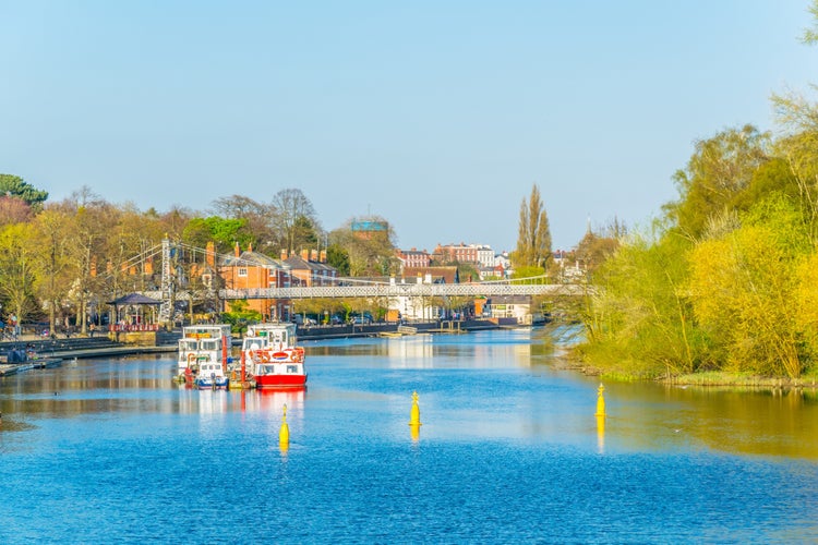 View of residential houses alongside river Dee in Chester, England