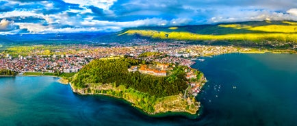 Panoramic view of Skopje town with Vodno hill in the background.