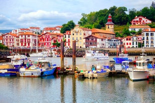 photo of an aerial view above Saint-Jean-de-Luz is a fishing town at the mouth of the Nivelle river, in southwest France’s Basque country. 