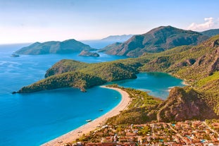 Photo of Marmaris marina with yachts aerial panoramic view in Turkey.