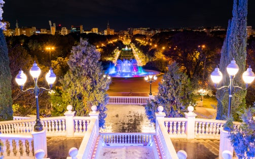 Photo of Night view of Jose Antonio Labordeta park or Parque Grande in Zaragoza, Spain.