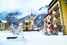 photo of an aerial view from Aiguille des Grands Montets on Argentière in winter, France.