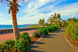 photo of landscape with Maspalomas town and golden sand dunes at sunrise, Gran Canaria, Canary Islands, Spain.