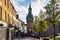 Photo of traditional architecture with shops and restaurants along a pedestrian street in Dunfermline town centre at sunset, Fife, Scotland, UK.