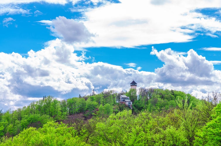 Photo of Diana Observation Tower (Rozhledna Diana) and funicular on hill above Slavkov Forest with green trees and Karlovy Vary (Carlsbad) town, blue sky white clouds background, West Bohemia, Czech Republic.