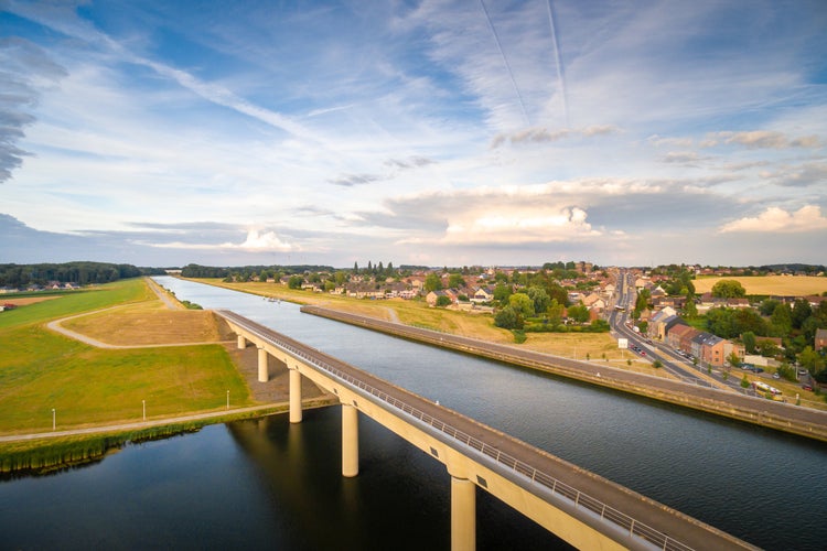 Pont du sart aqueduct channel with cityscape from aerial perspective. Belgium. Sart Canal bridge.