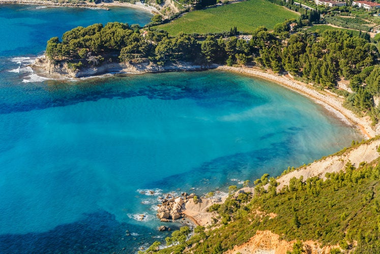 Aerial view of Cassis from the coastal path between Semaphore La Ciotat, Grande Tete and Cap Canaille, Bouches-du-Rhone, Provence, France.